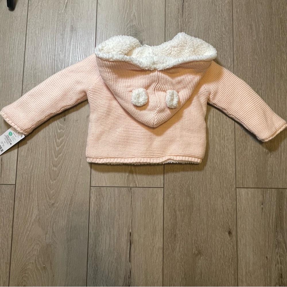 Carter's 12M‎ Baby Girl Pink Knit Sherpa Lined Hooded Cardigan Jacket Bear Ears - Picture 5 of 8